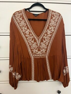 Boho Embroidered V-Neck Top in Rust